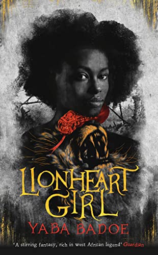 Book cover: young Black woman with a lion’s face overlayed, red rose.