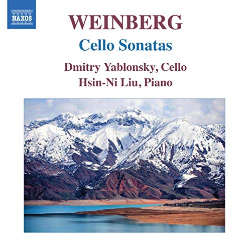 CD cover for Weinberg’s Cello Sonatas with mountain landscape.