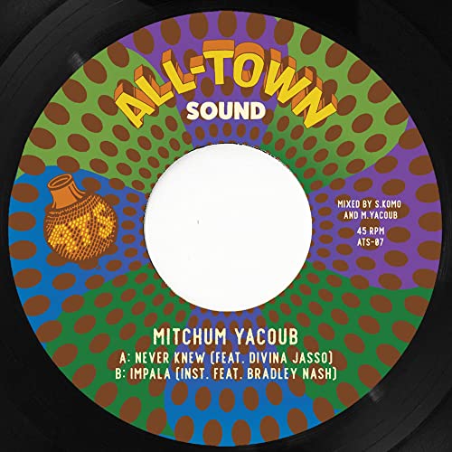 Colorful 7-inch vinyl record label for Mitchumyacoub’s “Never Knew.”