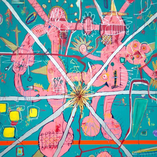 "Album cover with abstract pink figures on a teal background, surrounded by various symbols."