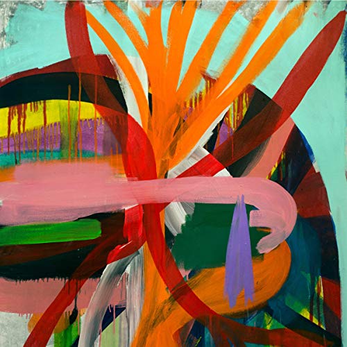 Abstract painting with bold red, orange, pink, and blue brushstrokes.