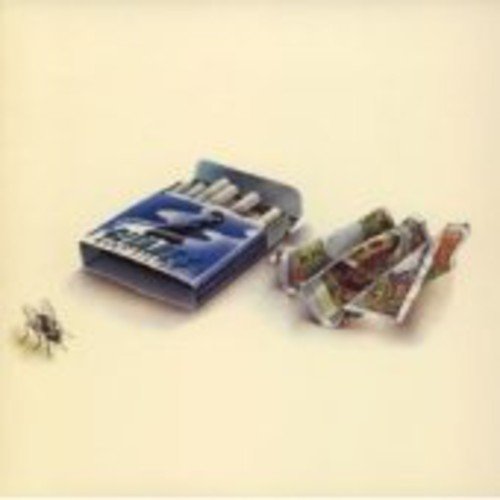 The image depicts a pack of cigarettes, with the cover open and a few cigarettes scattered around it. The pack is blue and white, featuring a black silhouette of a person. The surrounding cigarettes are also blue and white, with some of them torn or crumpled. The background is a plain white surface, providing a clean and simple backdrop for the cigarettes. A small fly is visible on the left side of the image, adding a touch of realism to the scene.