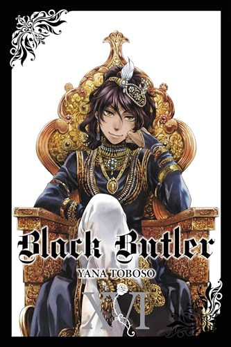 A young man in ornate traditional clothing sits on a golden throne, Black Butler cover.
