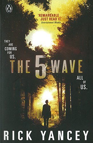 The image depicts the cover of "The 5th Wave" by Rick Yancey. Alt text: Book cover featuring a person walking through a forest with a bright light.