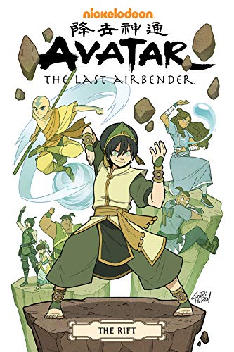 Toph stands in the foreground with Aang, Katara, and Sokka on a rocky landscape.