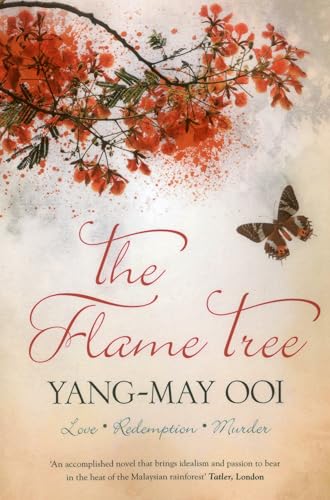 Book cover with orange flame tree blossoms, a butterfly, and red title text.