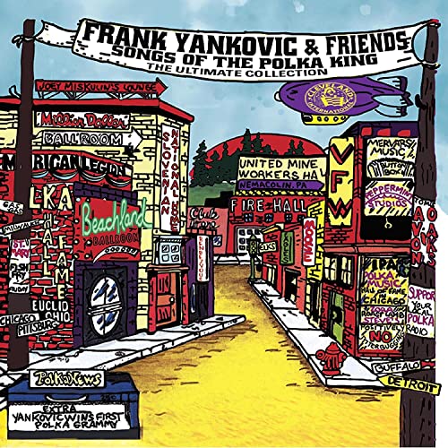 Colorful illustration of a street scene with building names and a polka theme.
