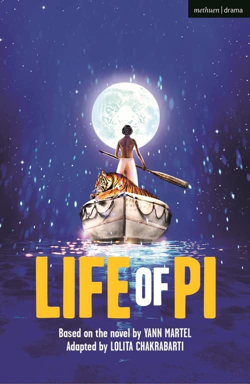 Play script cover: boy and tiger in a boat under the moon.