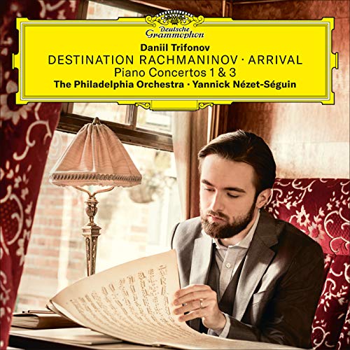 CD cover: Daniil Trifonov at a piano, with orchestral details and gold branding.