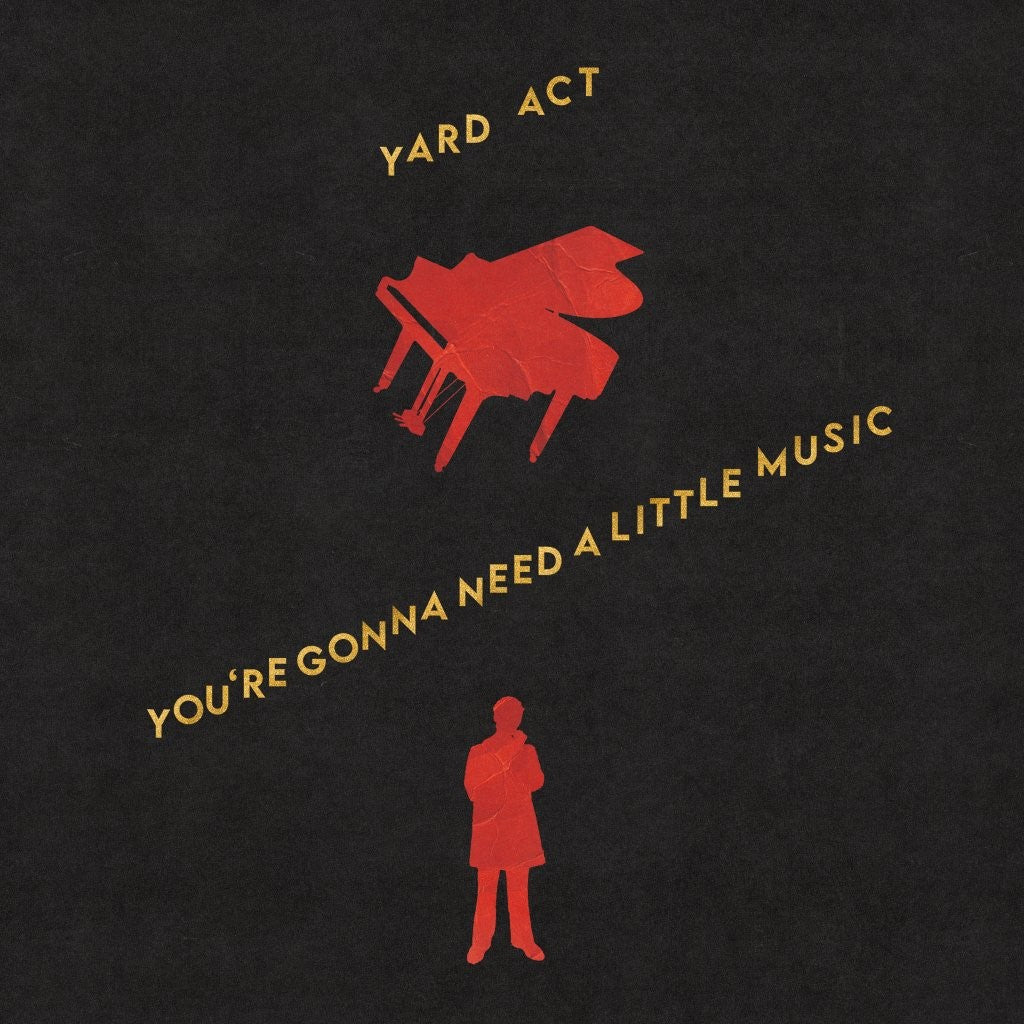 Yard Act album cover: red piano and figure on black textured background.