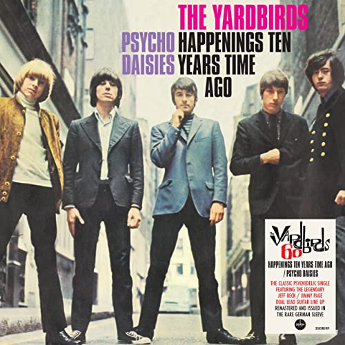 Album cover for The Yardbirds’ “Happenings Ten Years Time Ago” featuring band photo.