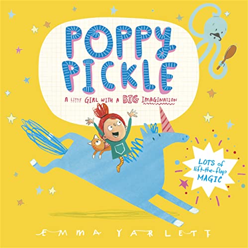 Children’s book cover: girl riding a unicorn with a cat, yellow background.