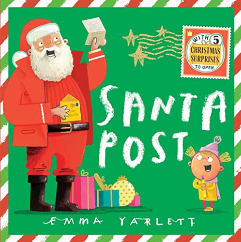 Santa holding a letter, a child, and gifts on a green striped background.