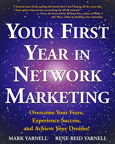 Book cover with purple and white text: "Your First Year in Network Marketing.