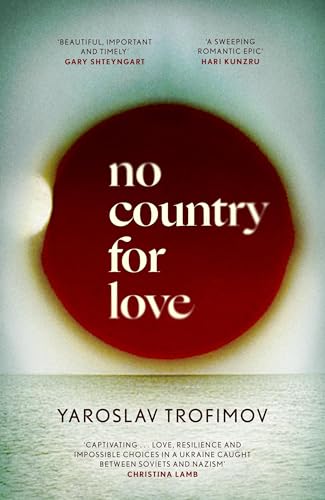 Book cover: red circle with white text, "no country for love".