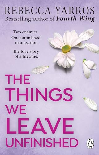 Book cover with purple text, a white daisy, and author Rebecca Yarros’ name.