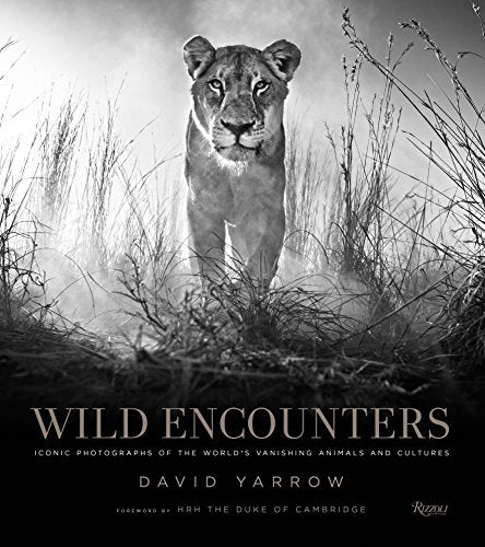 Black and white photograph of a lion, book cover titled “Wild Encounters.”