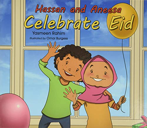 Book cover with Hassan and Aneesa celebrating Eid with balloons.