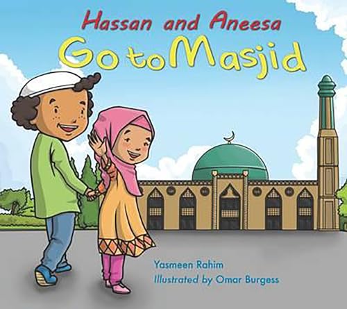 Children holding hands walk toward a green mosque with a crescent moon.