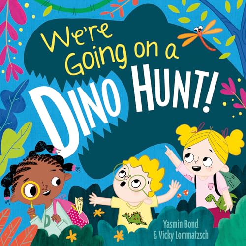 Book cover: children with magnifying glasses looking for dinosaurs.