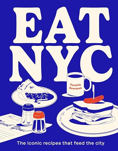 A cookbook with a cityscape or food images, likely featuring New York City cuisine.