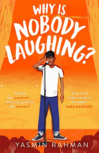 Book cover: Young man with a microphone, orange background, title "WHY IS NOBODY LAUGHING?".