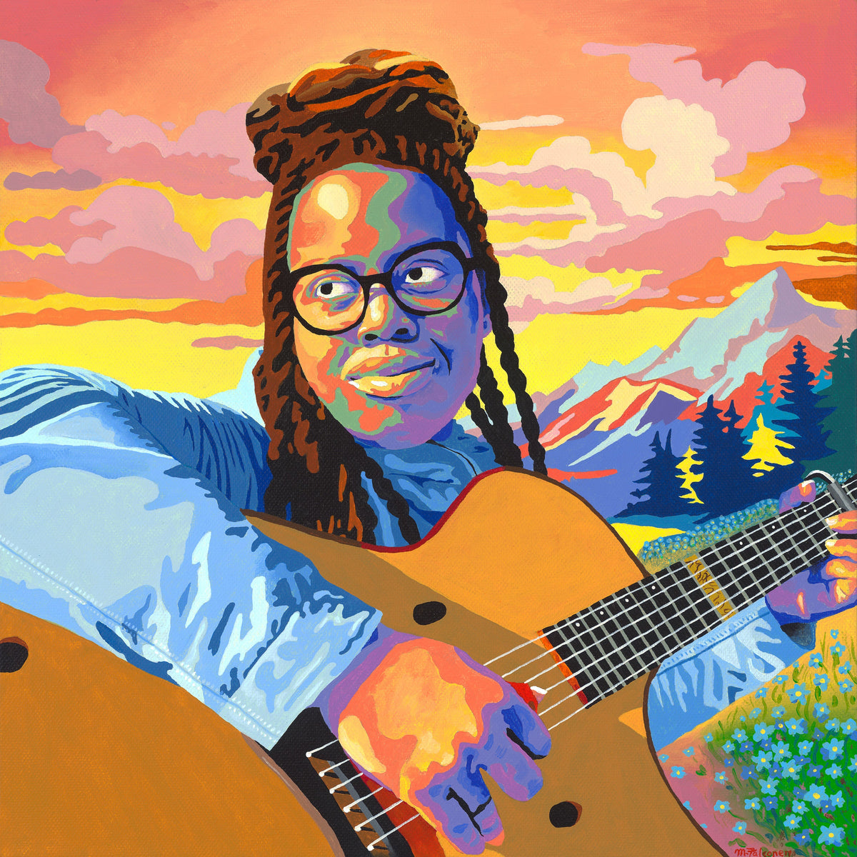 Painted portrait of Yasmin Williams with an acoustic guitar and mountains.