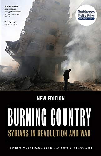 Book cover: damaged building, lone figure, title “Burning Country.”