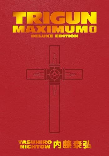 Red book cover with gold text Trigun Maximum Volume 1 and a central cross emblem.
