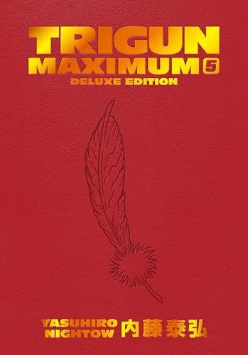 Red book cover with gold text Trigun Maximum 5 and an embossed feather illustration.
