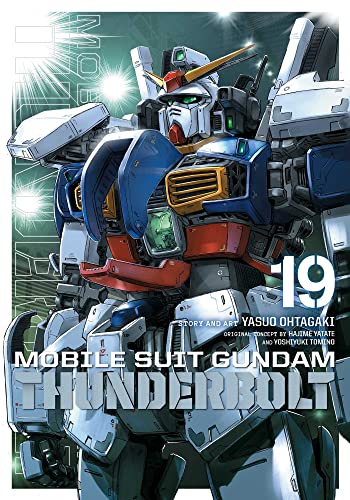 Blue and white robot with red accents, "Mobile Suit Gundam Thunderbolt" text.