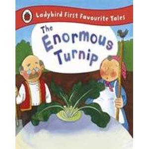 An elderly couple stands beside an enormous turnip in this children's book cover illustration.
