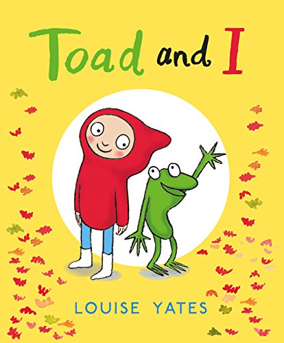Child in red with a green toad, surrounded by falling leaves.