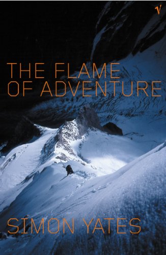 Book cover: snowy mountains with title "The Flame of Adventure" and author name.