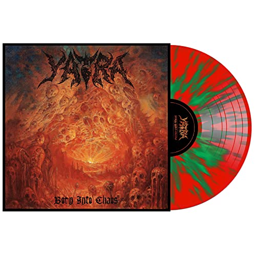 Yatra Born Into Chaos album cover and red and green splattered vinyl record.