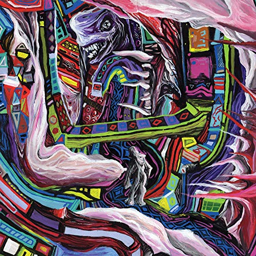 Abstract painting of a dinosaur and figure in a colorful, chaotic scene.