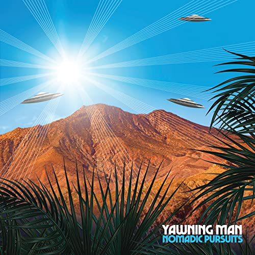 Desert landscape with UFOs and a bright sun, album cover art.
