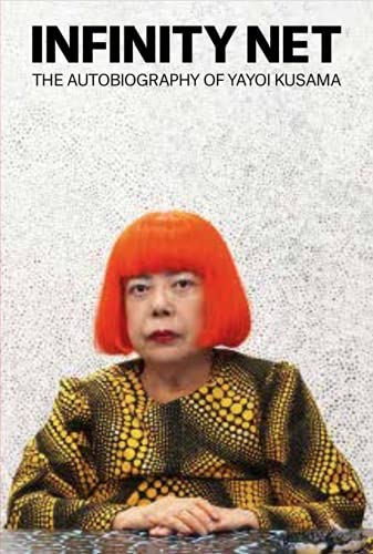Book cover featuring Yayoi Kusama with bright orange hair wearing a yellow polka-dot top.