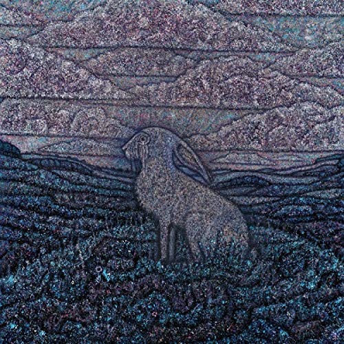 Textured painting of a hare in a dark, swirling landscape.