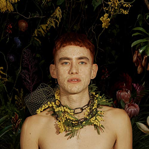 Portrait of a young person with floral adornments against a dark background.