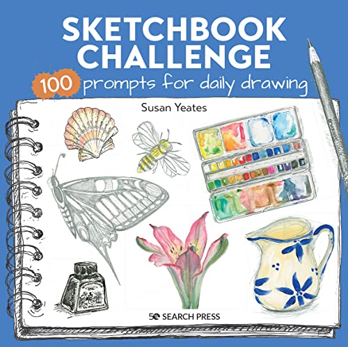 Sketchbook with drawings of flowers, insects, and art supplies.