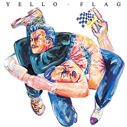 Painted album cover featuring two struggling figures and a checkered flag.