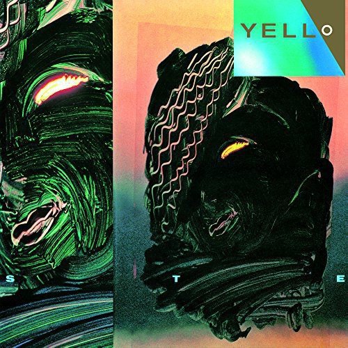 "Album cover art for 'Yello - Stella' featuring abstract, green-toned face illustrations and multicolored background."