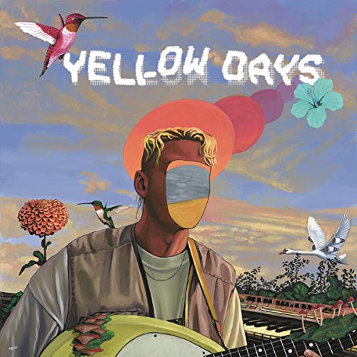 Album cover with a person, birds, flowers, and a colorful sky.
