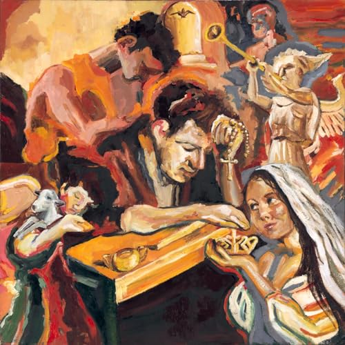 Painting of figures with religious iconography, predominantly in shades of yellow and red.