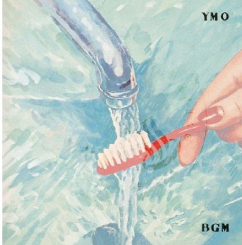 "CD cover art: hand holding red toothbrush under running water with 'YMO' and 'BGM' text."