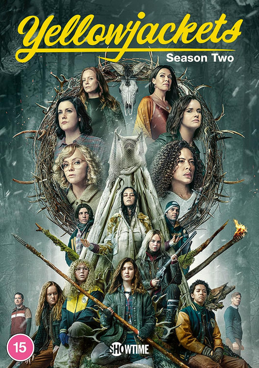 DVD cover art for Yellowjackets Season Two featuring an ensemble cast in a forest setting.