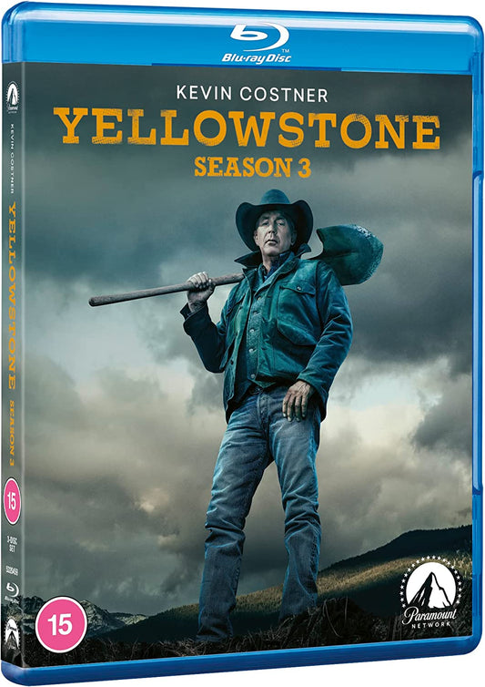 "Blue Blu-ray case with 'Yellowstone Season 3' cover featuring Kevin Costner as a cowboy."