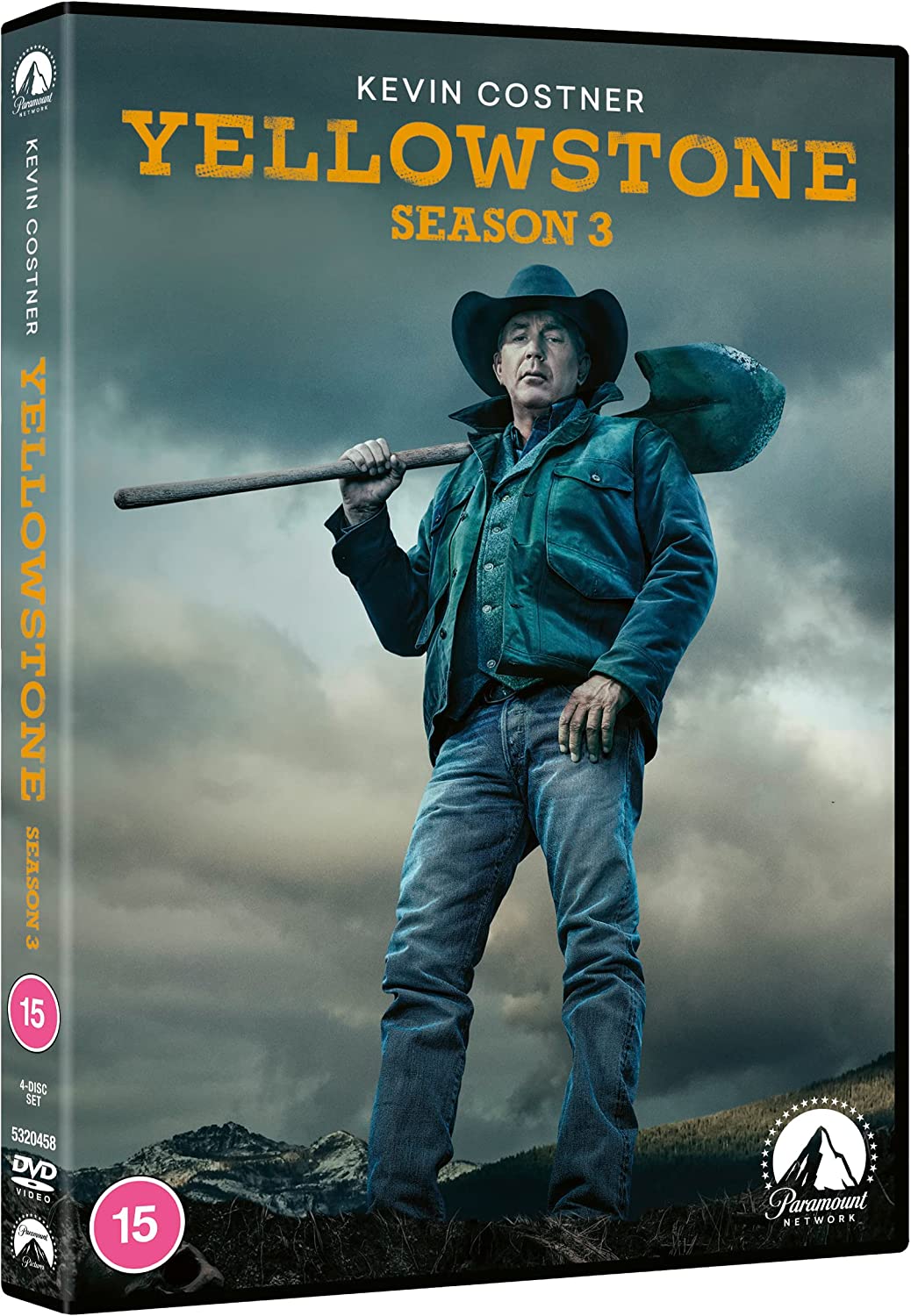 "Yellowstone Season 3 DVD case featuring Kevin Costner holding a rifle, against a cloudy sky."
