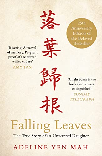 Book cover with red Chinese characters and English title, “Falling Leaves.”